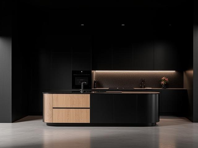 Modernt svart kök med köksö i ljus träfanér